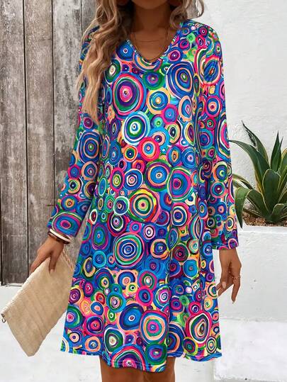 Damen Langarm Grafik Muster Kleid für den Frühling, Damen V-Ausschnitt Langarm Kreiskleid - Elegantes Midi-Kleid mit fließendem Rock, Lässig Office & Party Kleid, Klassisches A-Linien Frühlingskleid, Mode Orange Kleider, Lässige Herbstkleidung für Frauen, Herbstkleider für Frauen