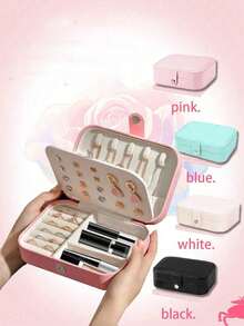 1 pieza Caja de almacenamiento de joyas de doble capa de cuero PU de gran capacidad, caja organizadora de joyas con cierre a presión, caja de joyas minimalista para el hogar, caja de exhibición de joyas portátil, estuche de almacenamiento de joyas de varios compartimentos - Multicolor - Ver 2