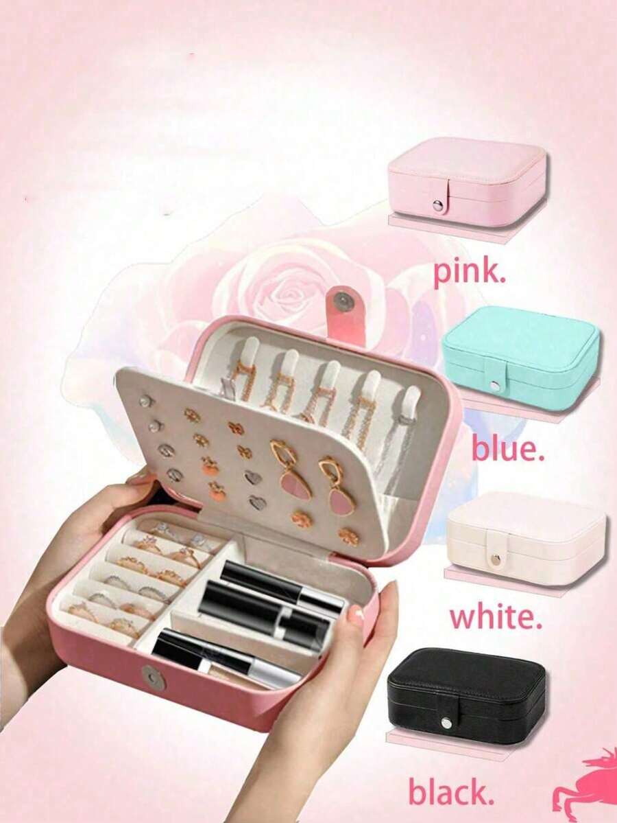 1 pieza Caja de almacenamiento de joyas de doble capa de cuero PU de gran capacidad, caja organizadora de joyas con cierre a presión, caja de joyas minimalista para el hogar, caja de exhibición de joyas portátil, estuche de almacenamiento de joyas de varios compartimentos