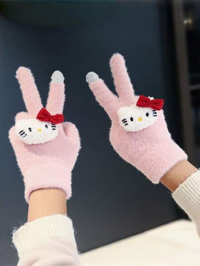 1 件 Hello Kitty 针织毛绒触屏手套，可爱卡通保暖手套，适合女士秋冬季居家和办公室使用