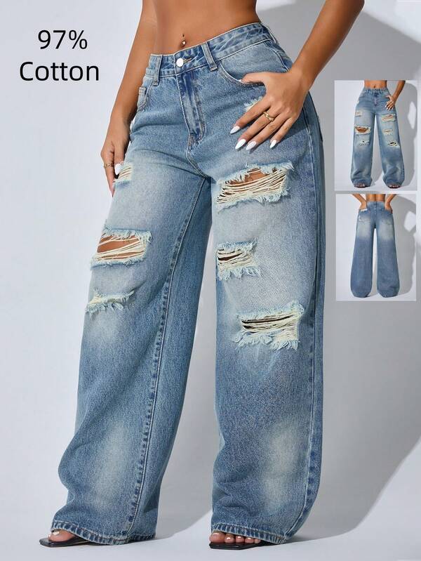 Calça Jeans Feminina Casual de Cintura Baixa, Perna Larga, Rasgada, com Bolso Inclinado e Curva