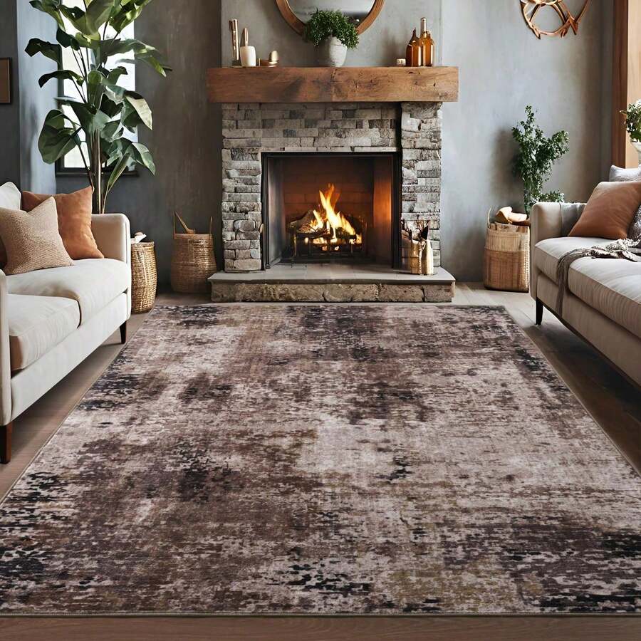 Vintage Brown Abstract Area Rug Home Decor Rug Short Pile Non-Slip Backing Machine Washable Area Rug 4*6/5*7 Feet Ideal For Living Rooms, Bedrooms, Dining Rooms, And Dorm Rooms - màu nâu - Xem 1