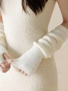 柔软针织保暖袖套，带拇指孔，蓬松保暖，适合寒冷天气，弹性好，Y2K日式长款露指手套 - 彩色 - 查看 2