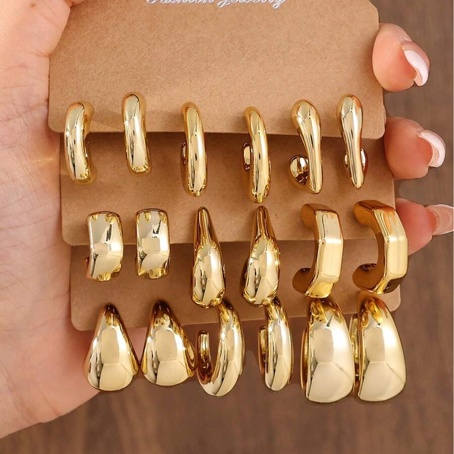 3-9 Pairs Exaggerated Bohemian Vintage Gold Geometric Wave Hoop Earrings Set, Suitable For Women's Daily Wear, Oversized Vintage Earring Set, Great Gift For Family And Friends