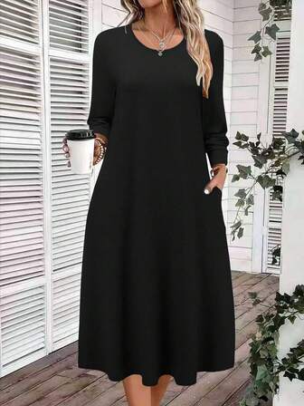 女式纯色长袖口袋休闲连衣裙