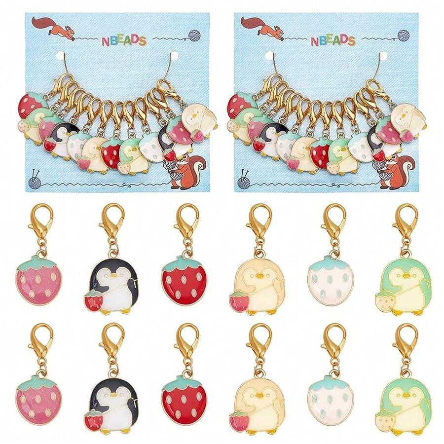 NBEADS 24 Pcs Strawberry Penguin Stitch Markers, Enamel Alloy Crochet Charms With Lobster Claw Clasps For Knitting, Weaving, Sewing, And Jewelry Making{"Color_name":"StrawberryPenguin"} - 草莓企鵝 - 查看 1