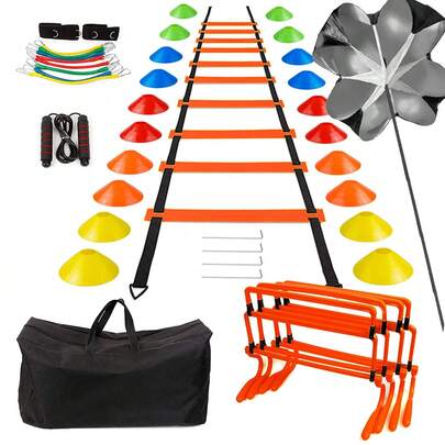 BJNCDIO 42-teiliges Outdoor-Trainingsset für Geschwindigkeit und Beweglichkeit in verschiedenen Größen, einschließlich einer 6-Meter-Beweglichkeitsleiter, 20 Fußballmarkern, einem verstellbaren Hürdenständer, einem Schleppfallschirm, elastischen Bändern, einem Basketball-Trainingsset und einem Fußballgeschenk für ihn