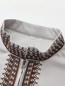 Moroccan Men's Robe, Long Sleeve Embroidered Stand Collar Zip Design, Muslim Men's Fashion Arabic Festival Traditional Clothing - Grey - View 5