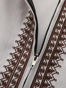 Moroccan Men's Robe, Long Sleeve Embroidered Stand Collar Zip Design, Muslim Men's Fashion Arabic Festival Traditional Clothing - Grey - View 6