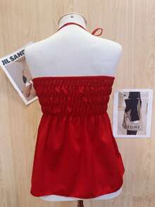 Butterfly Cropped Blouse With Ruffled Neck Tie - Red - View 2