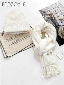 FADZOYLE 1pc/2pcs Hat & Scarf Set Solid Color Scarf Large Size Cashmere Feel Wraps Shawl For Dress Wedding And Gift Evening Dresses Travel Office, Fall Winter All Season Solid Color Knit Cuffed Beanie Hat Knitted Caps Soft Snug Outdoor Daily Use Gift Snow Ski Running Accessories