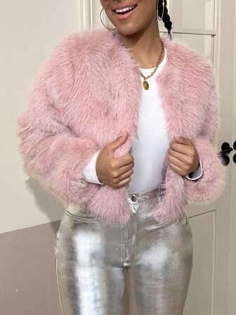 여성 가을/겨울 스트리트 스타일 섹시한 솔리드 컬러 라운드 넥 오픈 프론트 짧은 인조 모피 재킷