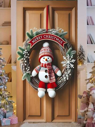 1 pezzo Copertura per porta con stampa di ghirlanda natalizia, pupazzo di neve e banner "Buon Natale", in stile festivo carino. Copertura per porta in poliestere a forma di porta con ornamenti a fiocco di neve, fogliame verde e grandi accenti di pupazzo di neve, banner decorativo per porta d'ingresso natalizia per la casa