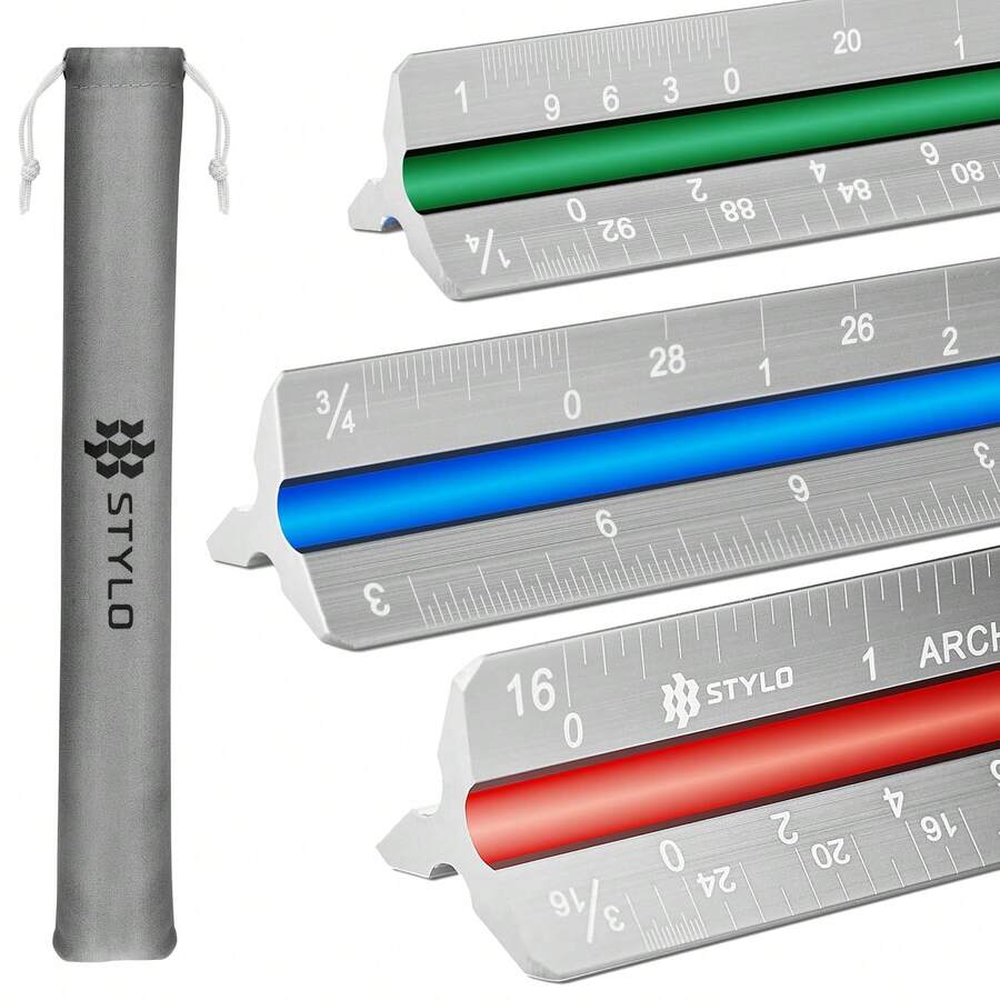 Stylo 12" Aluminum Architect Scale Ruler Laser Etched Triangle Drafting Ruler, Color Coded Grooves For Blueprint, Drafting And Drawing, Architectural Scale Ruler For Blueprints (Grey, Imperial Units) - 黃色 - 查看 1