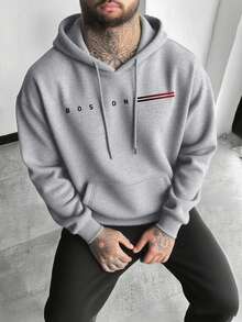 男士休闲波士顿印花宽松口袋连帽卫衣，秋冬季舒适运动服之选，长袖上衣 - 灰色 - 查看 4