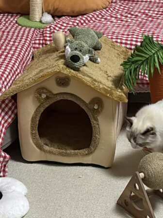 1 件套宠物猫窝，可拆卸可清洗猫屋，冬季保暖猫床柔软舒适小狗洞穴窝圣诞礼物猫床，适合所有季节：冬季保暖、封闭式、安全的猫床，带环绕式设计猫睡窝、狗屋、隐蔽庇护所