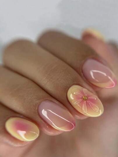 10片Y2K风格短椭圆手工美甲贴纸，黄色法式美甲贴纸，亚克力美甲贴纸，花卉图案短款美甲贴纸，凝胶美甲，粉黄渐变设计，可卸可重复使用的果冻胶，包含1个角质层推棒，适合女孩和女士美甲用品