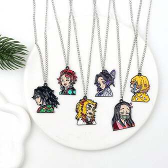 6pcs/Set Cartoon Anime Demon Slayer: Kimetsu No Yaiba Demon Slayer Corps Tanjiro Kamado Zinc Alloy Pendant Necklace, Fashionable And Personalized Cartoon Character Nezuko Kamado, Agatsuma Zenitsu Necklace Suitable For Daily Wear Or As A Gift, Attending Parties, Cosplay