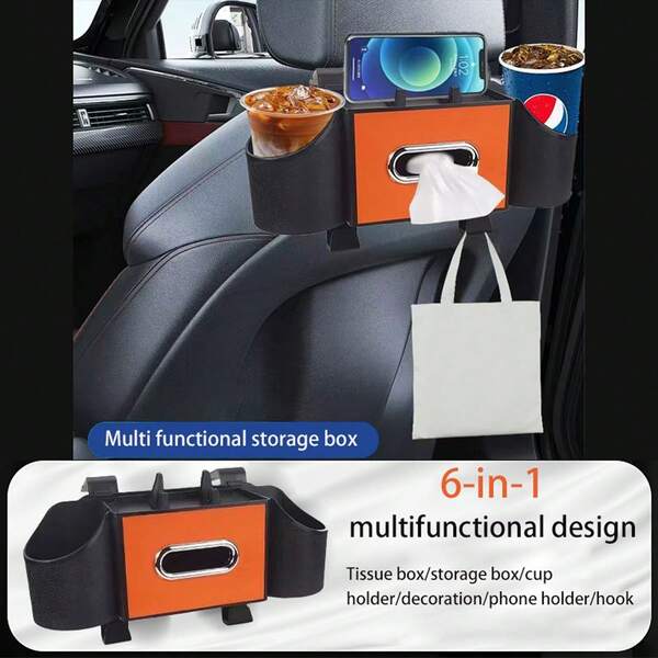 6-In-1 Multifunctional Car Storage Box For Ultimate Organization: Versatile Seat Backrest Organizer, Convenient Cup Holder, Innovative Car Storage Suspension Box, Perfect For Storing Essentials, Includes Phone Holder, Tissue Box Storage, And Cup Holder Hook For A Clutter-Free Driving Experience, Ideal For Road Trips, Daily Commutes, And Family Outings