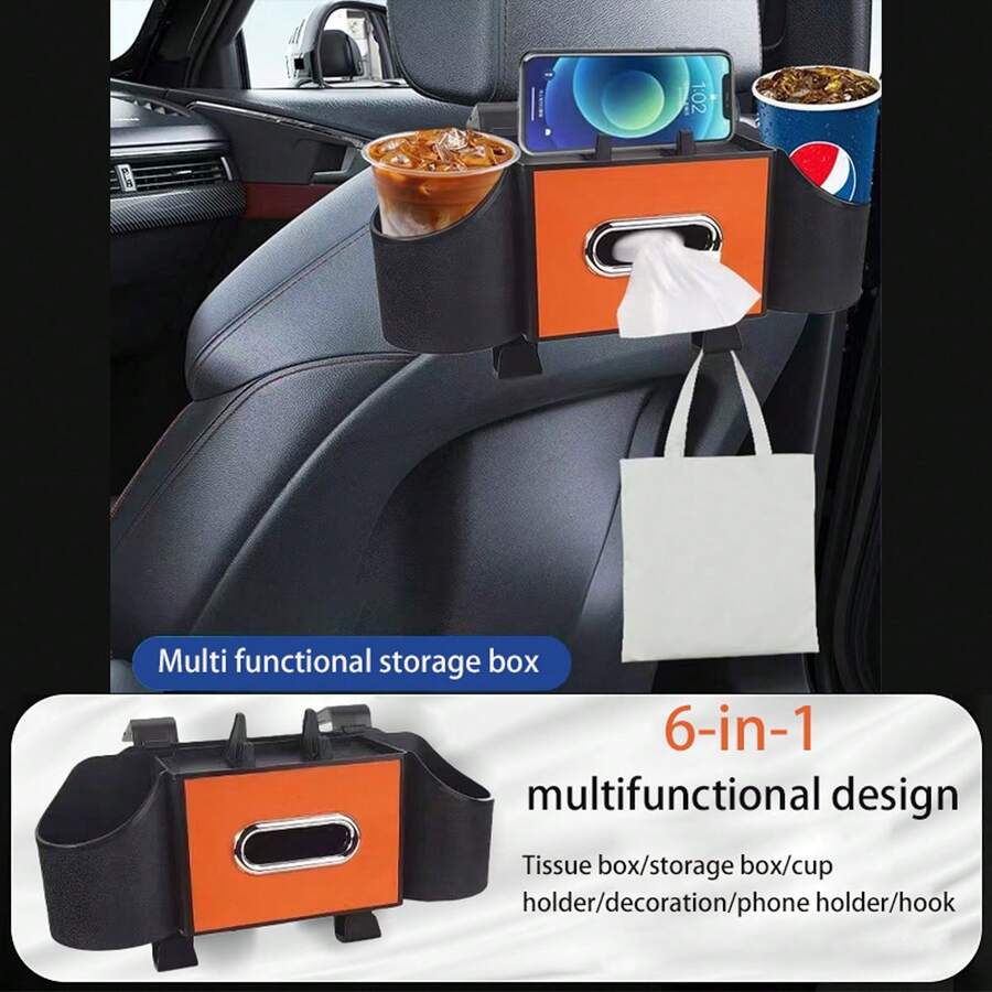 6-In-1 Multifunctional Car Storage Box For Ultimate Organization: Versatile Seat Backrest Organizer, Convenient Cup Holder, Innovative Car Storage Suspension Box, Perfect For Storing Essentials, Includes Phone Holder, Tissue Box Storage, And Cup Holder Hook For A Clutter-Free Driving Experience, Ideal For Road Trips, Daily Commutes, And Family Outings