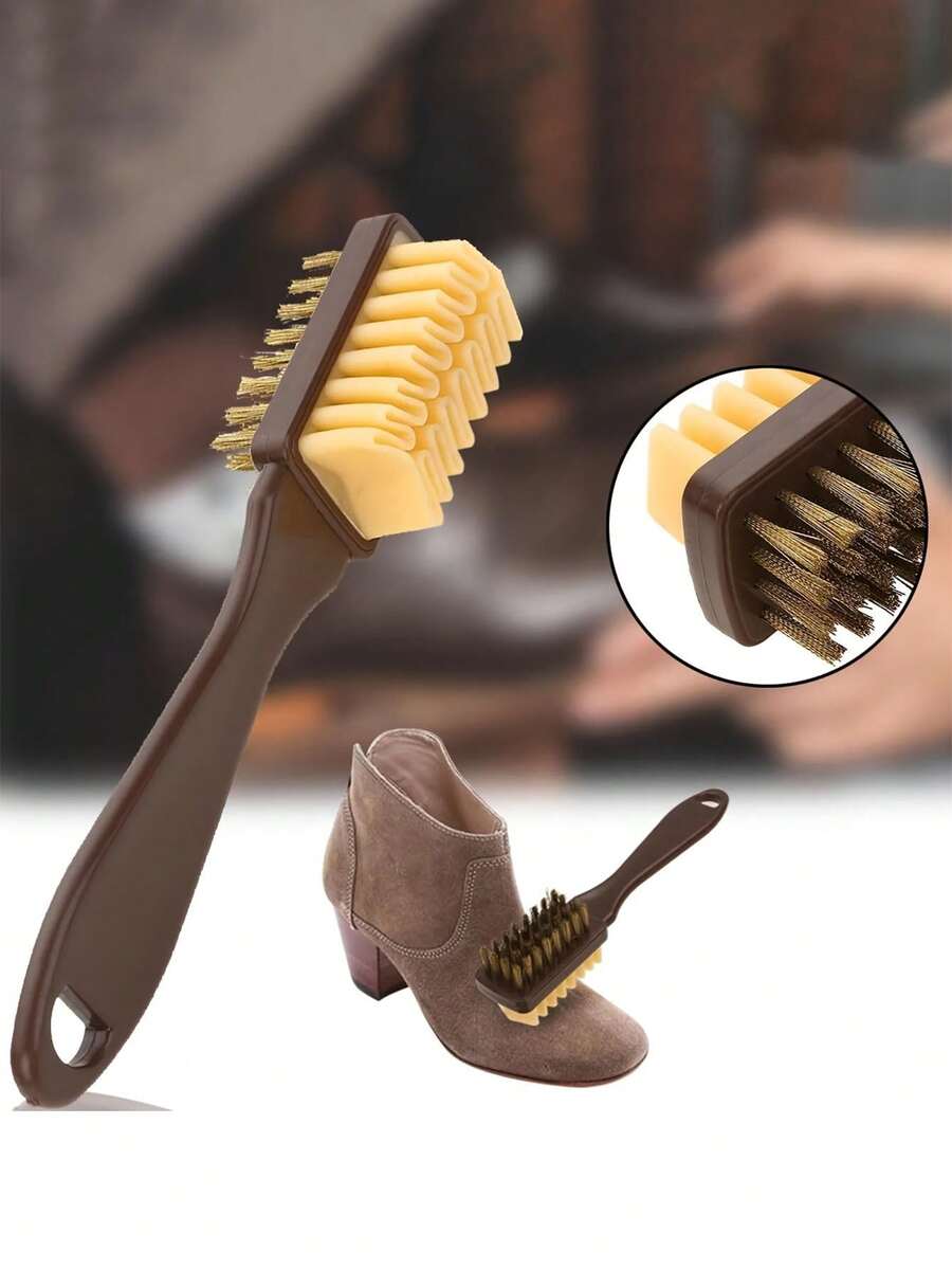 1PC Fabric And Shoe Brushes, 2-In-1 Suede & Leather Shoe Brush And Eraser Set,Plastic Clothes Scrubbing Brush, Suitable For Cleaning The Uppers Of Household Shoes,Household Cleaning Tool,Durable Plastic, Brown Handle, Black And White Bristles For Boots, Imitation Leather And Shoe Care | Suede Maintenance | Double Function Brush | Effective Cleaning Tool, Shoe Brushe
