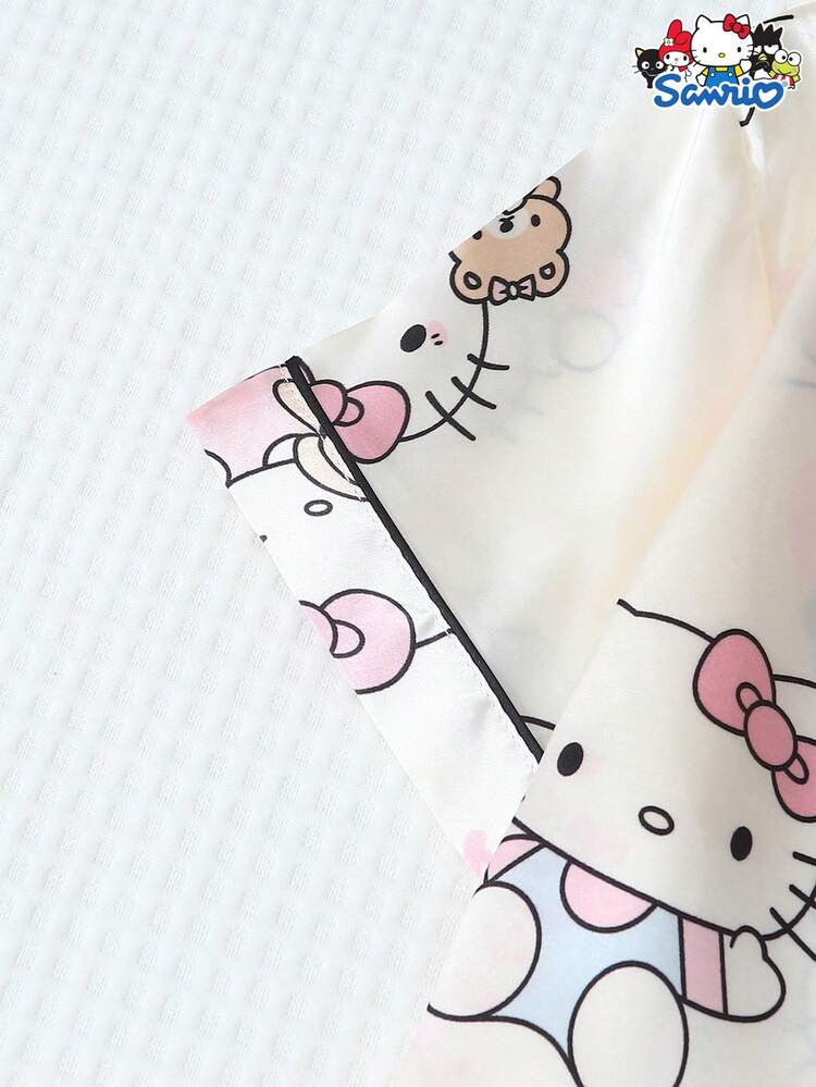 SANRIO 3 Peças Conjunto de Pijama Feminino, Top com Gola Hello Kitty de Manga Curta com Bolso e Calça/Short com Laço, Roupa Casual para Uso Doméstico, Roupas de Outono e Inverno - Branco - Visão 5
