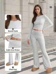 2pcs Women's Fashion Casual Set: Pleated Long Sleeve Top With Round Neckline + High Waisted Slightly Flared Pants, Spring - Light Grey - View 6