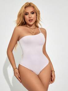 Women's One Shoulder Metallic Bodysuit - Mauve Purple - View 1