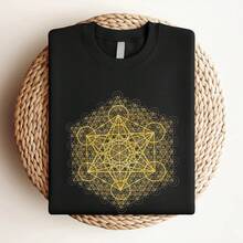 180g pure Cotton Sacred Geometry | Metatron&amp;#39;s Cube Transcendence Gold | Intricate Geometric Shirt | Psychedelic Wearable Art | Unisex T-shirt T-Shirt For Women Casual Soft designer clothes Comfortable Print Round Neck Short Sleeve Women Top Graphic Tees women - Negro - Ver 3