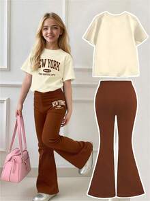 Tween Girl Letter Print Short Sleeve Top And Skinny Flare Pants Set - Apricot - View 2