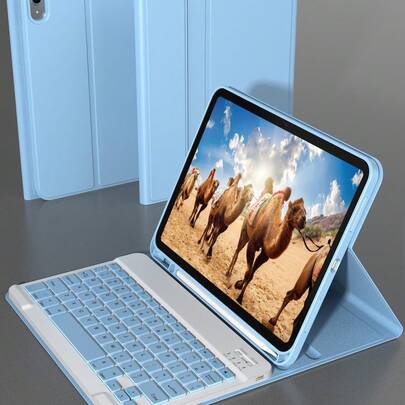 Wireless Keyboard Case Compatible With Ipad, Detachable Leather Protective Cover With Pencil Slot, Auto Sleep/Wake Function, Removable Wireless Bluetooth Keyboard With 150mAh Battery Capacity, Slim & Lightweight Stand Case - Light Blue