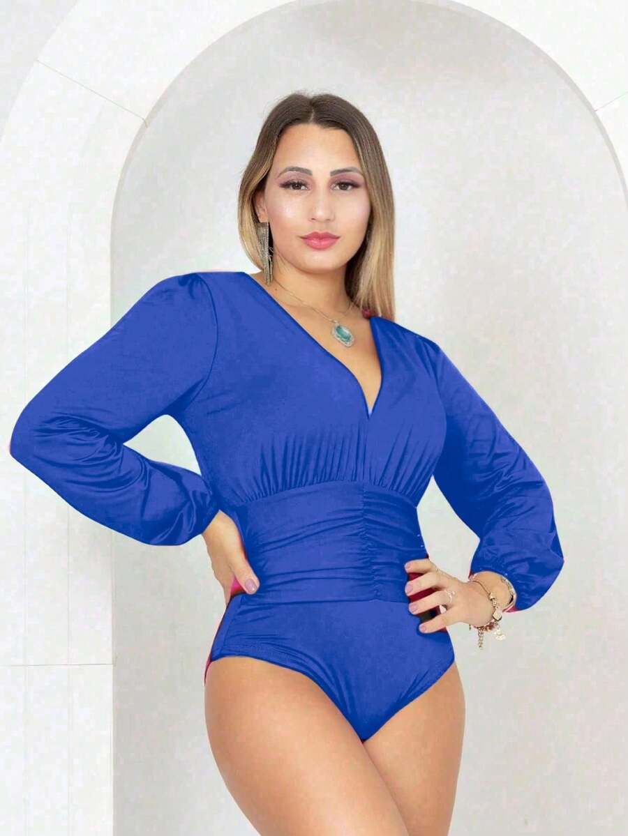 Long Sleeve Bodysuit With Abdomen Detail - Royal Blue - View 1