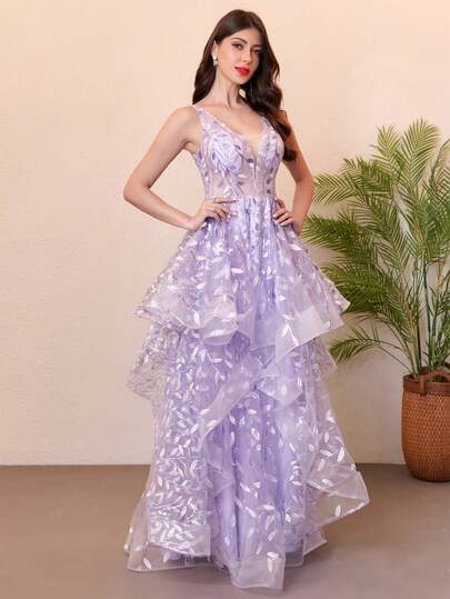 Elegante abito da sera lungo con scollo a V in rete con paillettes lavanda, senza maniche, stile principessa con pizzo, abito da ballo lungo con fiori e paillettes