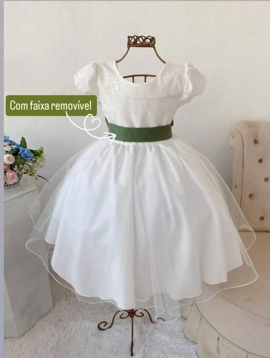 Children's Party Dress OFF With Olive Green Luxury Belt Flower Girl, Graduation, Birthday Midi - 橄欖綠 - 查看 1