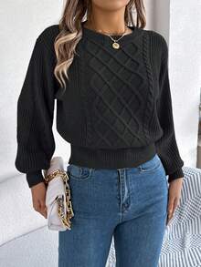 Lässiger Grundkabel-Strickpullover mit Langarm, Herbst/Winter - Schwarz - Übersicht 5