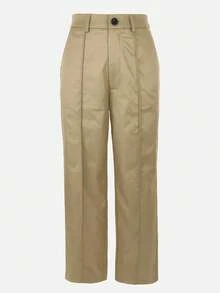 Pantalones rectos de tela de traje con cremallera y botón de unicolor Jessefine, elegantes para ir a la oficina y el trabajo, versátiles para primavera y verano - Caqui - Ver 3