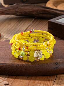 4pcs/Set Multi-Layer Beaded Bracelet Set, Vintage Bohemian Style Leaf Pendant Layered Bracelet Accessories For Women Daily Wear