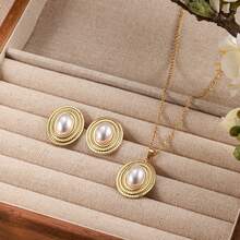 1 Set Elegant Gold Stainless Steel French Pearl Necklace & Earrings Jewelry Set, Suitable As Gift For Women
