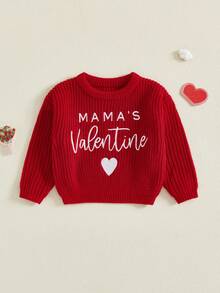 Suéter de San Valentín para bebé, manga larga, cuello redondo, bordado de corazón y letras, top de punto para niño pequeño - Rojo - Ver 6