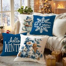 4pcs Christmas Blue Watercolor Snowman & Snowflake Illustration "Let It Snow & Hello Winter" Text Print Cushion Cover [No Pillow Insert], 17.7*17.7in(45*45cm), [Single-Sided Printing] Merry Christmas Holiday Decorative Polyester Pillow Case, Christmas Decor, Home Decor, Bedroom Decor