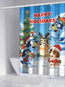 [Christmas Bluey Bathroom Curtain Shower Set] 1/3/4 Pcs Christmas Solid Color Santa Hat Bluey Family And Friends Holiday Pattern Printed Shower Curtain Set, Modern Design, Suitable For All Seasons, Waterproof Polyester Hooks And Lining, Flannel Material, Soft Surface, Bathroom Anti-Slip Mat, Bathroom Set Includes U-Shaped Mat, Toilet Mat, Anti-Slip Bathroom Mat And Bathroom Accessories, Home Decor, Holiday Decor, Christmas Gift, Daily Decor, Gift]