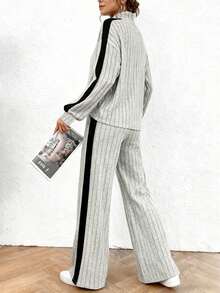 Set de 2 piese pentru femei, toamnă/iarnă, cu pulover cu jumătate de fermoar și pantaloni cu picior drept, stil casual, stil stradal, confortabil, retro minimalist