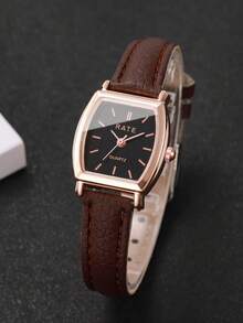 2 件套女士时尚皮革表带桶形简约表盘石英手表和心形手链，经典优雅 - 棕色 - 查看 7