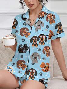 2 件套女士睡衣套装，可爱的腊肠犬印花，柔软的面料，适合节日派对的睡衣，舒适的短袖领扣衬衫和松紧腰短裤，时尚休闲装，适合户外和室内穿着，四季皆宜 - 淺藍色 - 查看 5