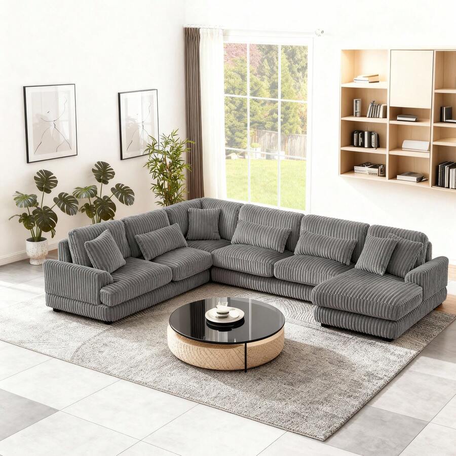 Modern Style U-Shaped 129-Inch Oversized Modular Sofa, Terry Fabric, With Reclining Seat, Durable, Comfortable Design, Simple And Elegant, Suitable For Living Room,Dark Grey - Màu xám đen - Xem 1