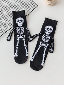 1/3 双骷髅牵手袜，磁吸白色袜子，可爱自动粘脚中筒袜，情侣款，春秋季 - 彩色 - 查看 9