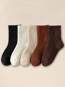 5 Pairs Thick Warm Children Socks, Brown, Khaki, Black, Merino Wool Girls Socks, Solid Color Boys & Girls Socks, Suitable For Toddlers, Autumn/Winter - Multicolor - View 12
