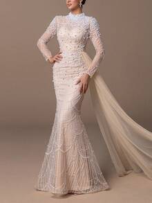 女士优雅立领鱼尾晚礼服，通体珍珠刺绣，可拆卸薄纱拖尾头纱；精致露背正式礼服，饰以精致珠饰和喇叭裙摆；修身婚礼宾客礼服，适合出席黑领结晚宴、盛大晚会、颁奖典礼、红毯活动和正式晚宴。 - 香檳色 - 查看 8