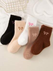 5 Pairs Random Brown Cute Bow Design Thickened Plush Lined Mid-Calf Socks For Kids, Solid Color, Warm And Comfortable For Winter