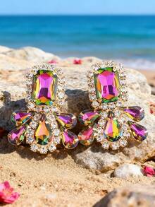 sehuoran 1 Cặp bông tai kẹp bằng hợp kim đồng đính đá Rhinestone, kẹp bông tai thủy tinh chất lượng cao dành cho phụ nữ đeo hàng ngày - E1662 - Xem 3